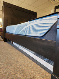 The Handstone Chattanooga Queen Bed in black wood with custom metal hardware and blue mattress, shown in a carpeted showroom.