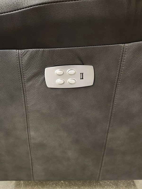 Close-up of La-Z-Boy 528 Larson All Leather Power Rocker Recliner control panel with four buttons and USB port.