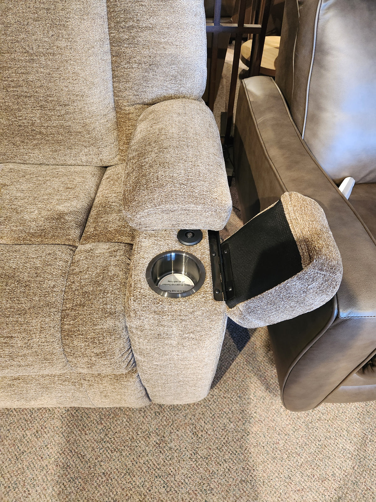 Beige Venice PL447 Power Lift Chair by Golden with cup holder, storage, and Twilight Tilt Technology.