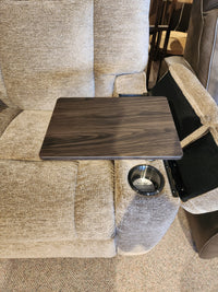 A beige Golden Venice PL447 Power Lift Chair with Twilight Tilt, wooden tray, and built-in cup holder.