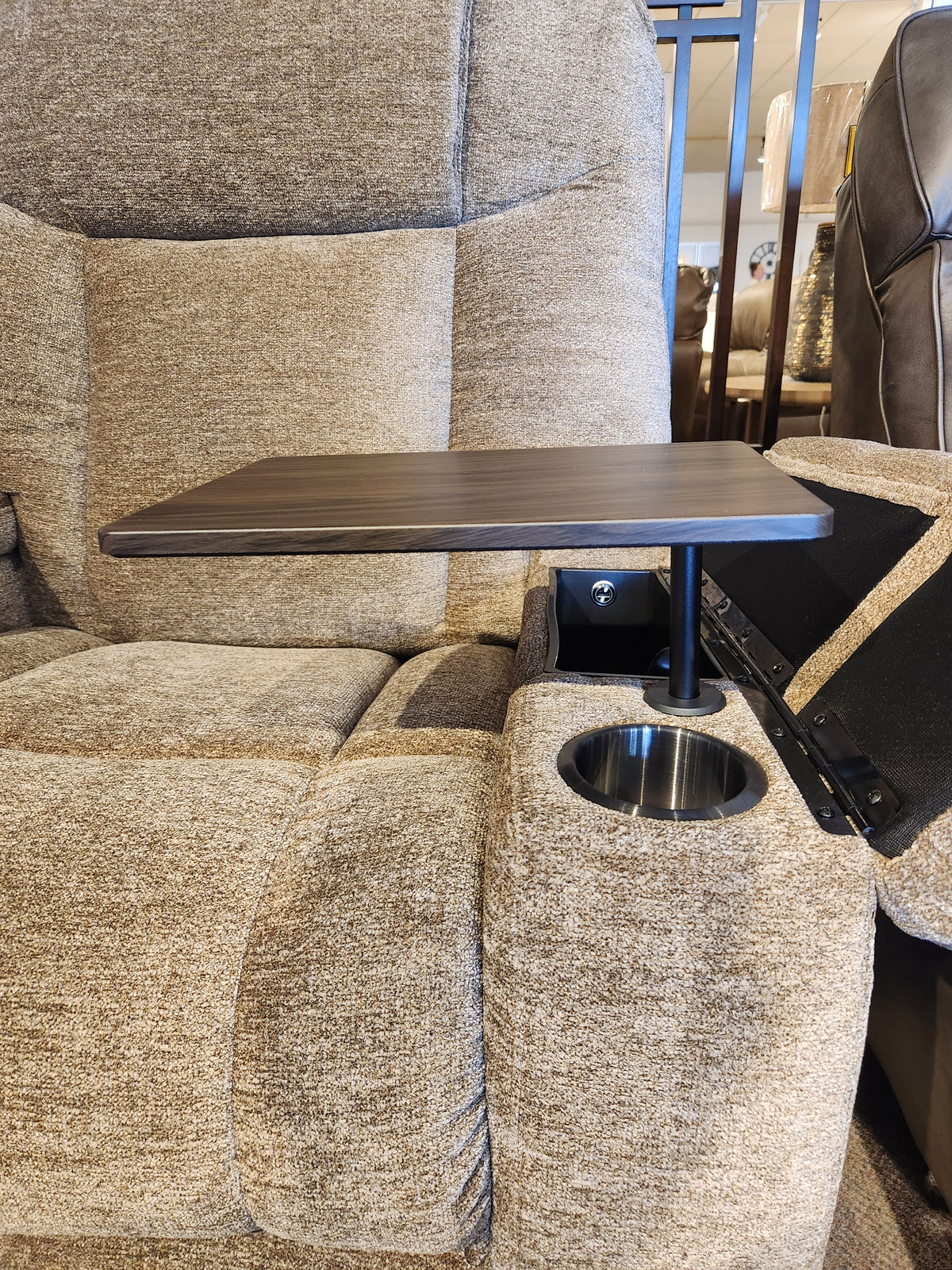Venice PL447 Power Lift Chair by Golden with small swivel table, cup holder, and Twilight Tilt armrest.