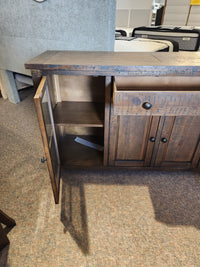 Jofran Willow Creek Server with one door open shows adjustable shelves and a partially open drawer on carpeted floor.