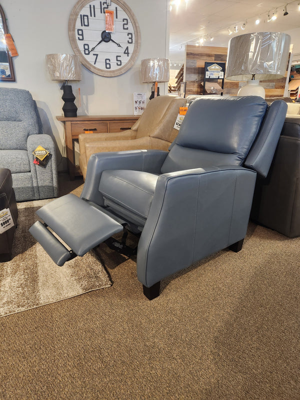 The Leather Craft 625 Reclining Chair in blue leather features an extended footrest; showroom display shown.
