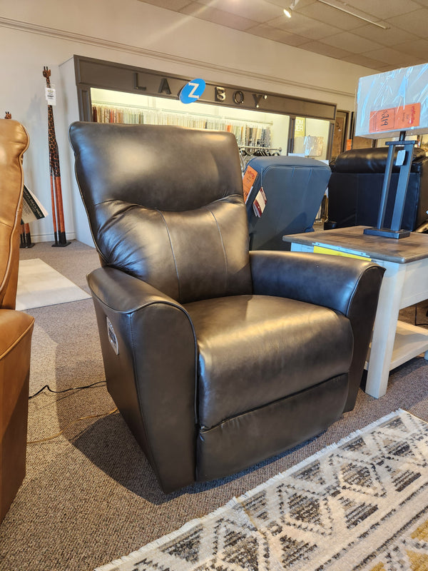 A La-Z-Boy 804 Belmont Power Wall-A-Way Recliner With Heat Tilt in dark brown is on display in a furniture showroom.