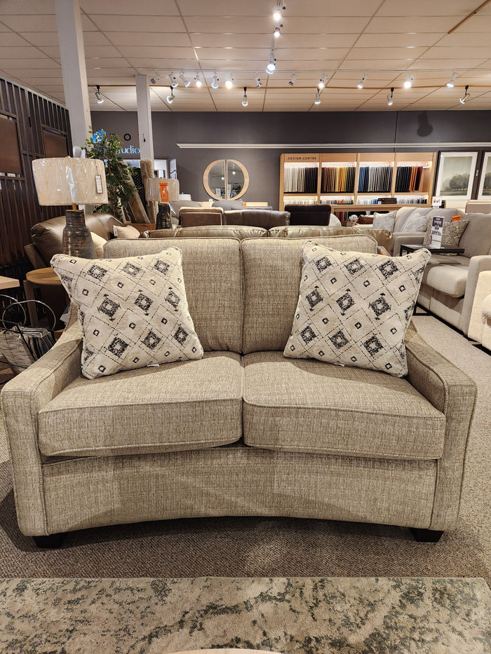 Superstyle 9670 Loveseat in beige, medium-firm seating, includes two throw pillows, shown in a showroom.