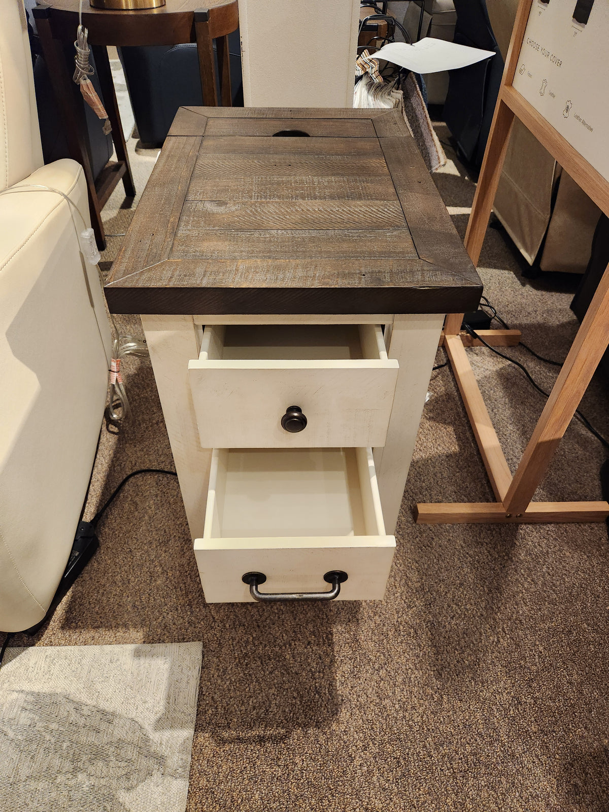 The Jofran 1706 Madison County Power Chairside End Table features a dark reclaimed pine top and open drawers.