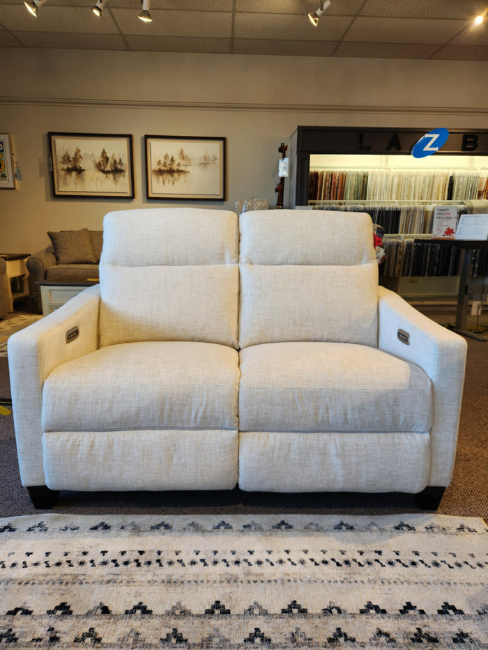 The La-Z-Boy 810 Quinault Power Reclining Loveseat with Zero G & Headrest is displayed with art and fabric samples.