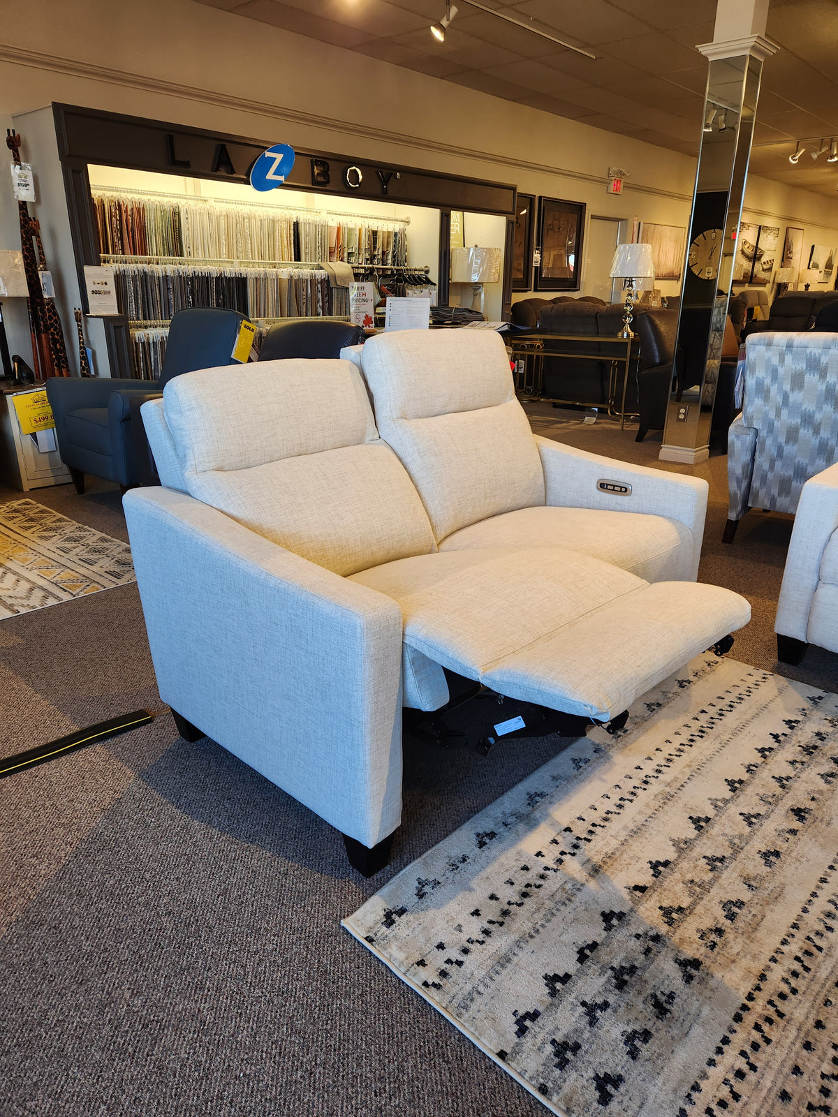 La-Z-Boy 810 Quinault Power Reclining Loveseat w/ Zero G & Headrest, light beige, ideal for petite frames.