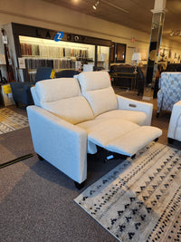 La-Z-Boy 810 Quinault Power Reclining Loveseat w/ Zero G & Headrest, light beige, ideal for petite frames.