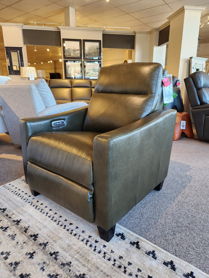 La-Z-Boy 810 Quinault Power Reclining Chair w/ Zero G & Headrest in dark green, on display atop a patterned rug.