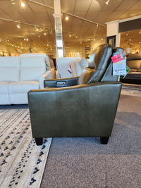 La-Z-Boy 810 Quinault Power Reclining Chair w/ Zero G & Headrest shown in green leather with sale tags, side view.