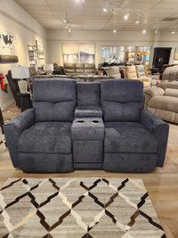 The La-z-boy 780 Hawthorn Reclining Loveseat With Console features chaise seats and cup holders in blue-gray.