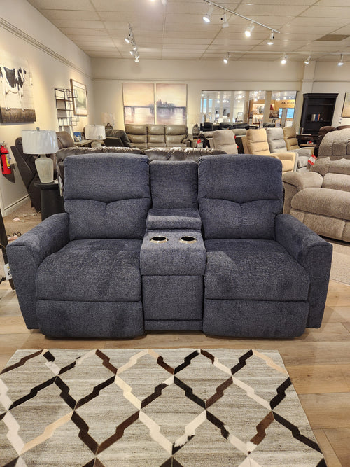 The La-z-boy 780 Hawthorn Reclining Loveseat With Console features chaise seats and cup holders in blue-gray.
