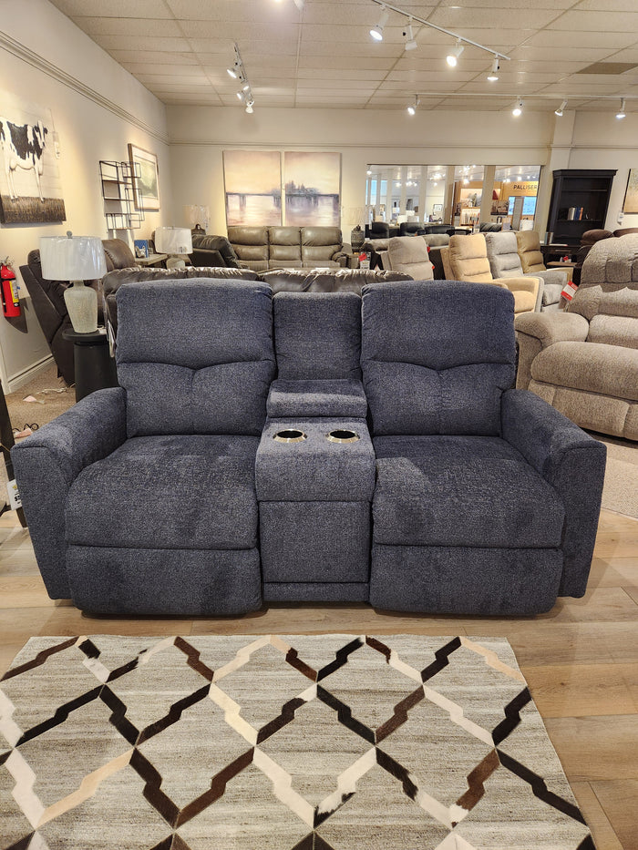 The La-z-boy 780 Hawthorn Reclining Loveseat With Console features chaise seats and cup holders in blue-gray.