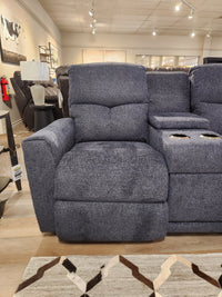 La-z-boy 780 Hawthorn Reclining Loveseat With Console, gray upholstery and cup holders, shown in a neutral showroom.