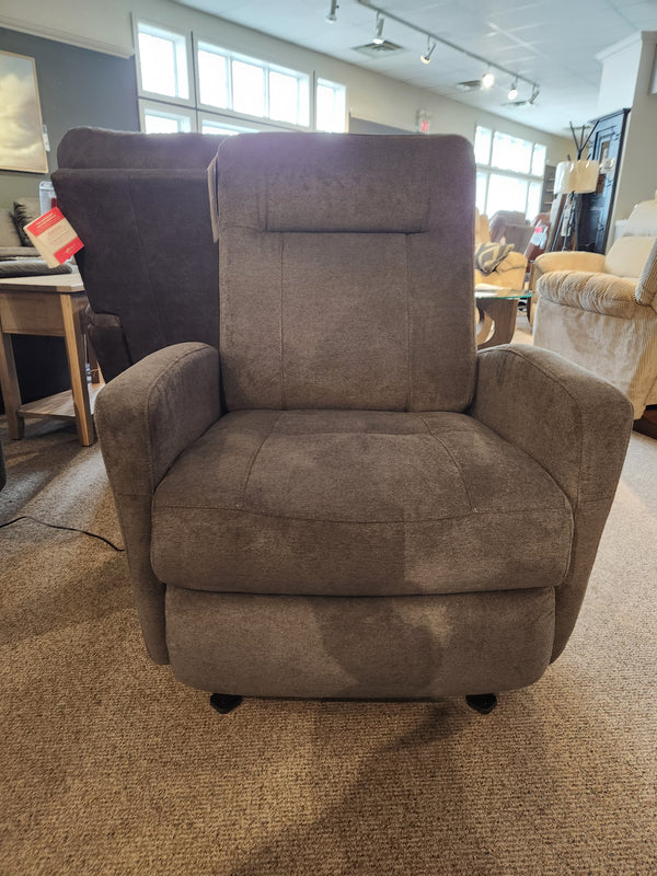 Best 2AP34 Power Space Saver Recliner in gray upholstery showcased in a store with natural light from large windows.