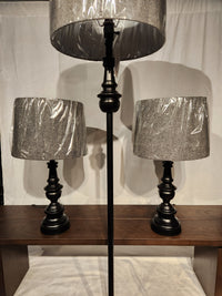 Adesso Lamp Chandler 3 Piece Set: two table lamps and one floor lamp, all with gray fabric shades.