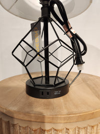 The Chiara 2 Piece Set by Adesso Lamp features a black metal base with geometric design and AC outlet—modern style redefined.