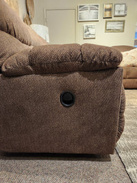 Close-up side view of the La-Z-Boy 766 Morrison Reclining Sofa with plush channel tufting in a cozy living room.