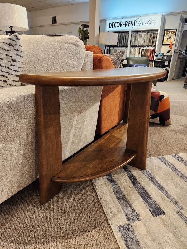 The Magnussen T6354 Tanner Demilune Sofa Table in Tawny Brown brings California Casual style behind your sofa.