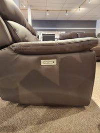 Side view of the Palliser 41051 Henry Loveseat in brown leather with power headrest and electric armrest controls.