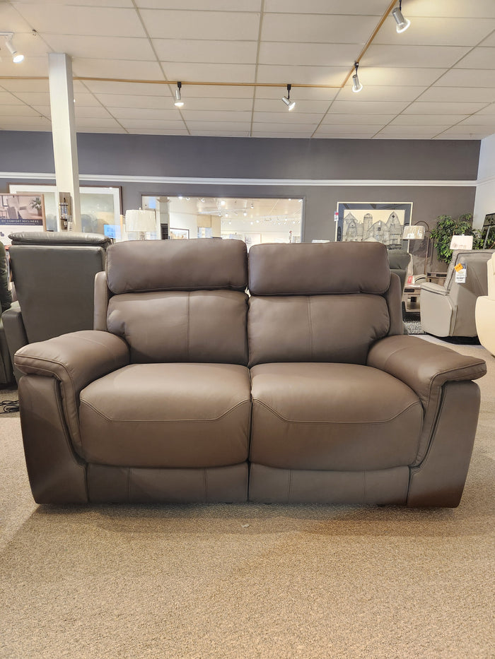 Palliser 41051 Henry Loveseat in brown leather with power headrest shown in a brightly lit showroom.