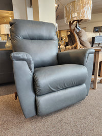 La-Z-Boy 820 Norton Rocker Recliner in gray leather, ideal for living rooms, shown with lamps and tables.