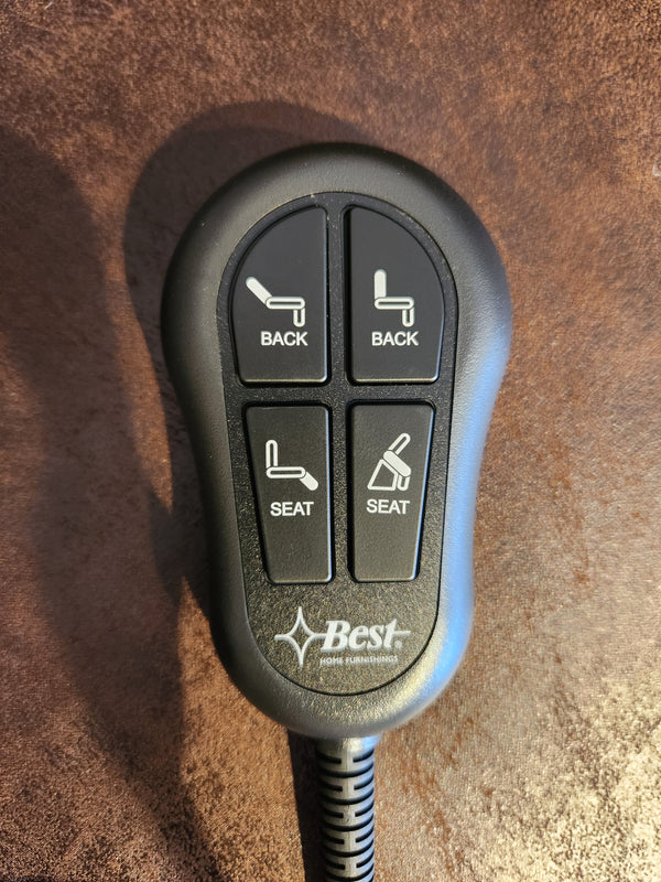 A four-button remote for the Best 1B52 Troubadour Lift Chair adjusts heavy duty backrest and seat positions.