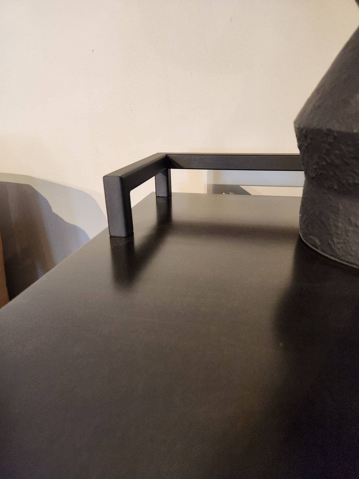 Black metal handle accents the Durham 905 Console Table with Metal Rail and Stools—ideal for modern interiors.