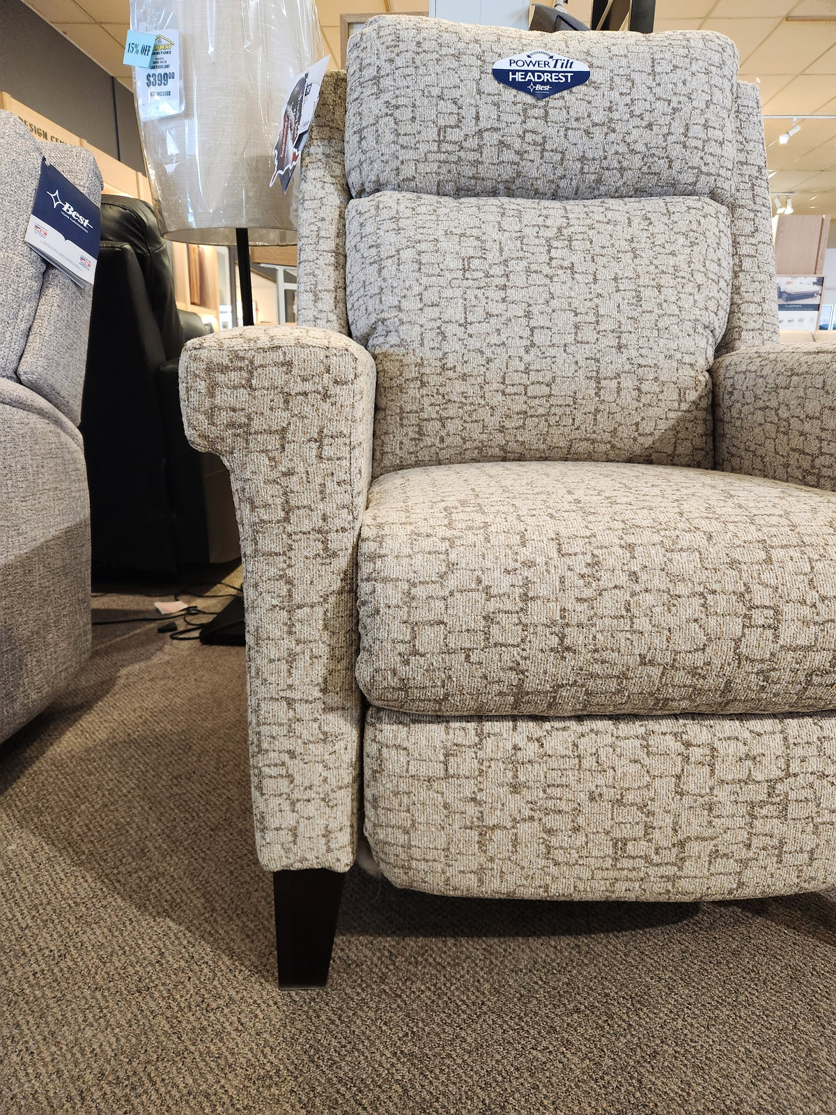 The Best 3LZ40E Prima High-Leg Recliner is a beige upholstered power recliner with headrest, Mid-Century style.