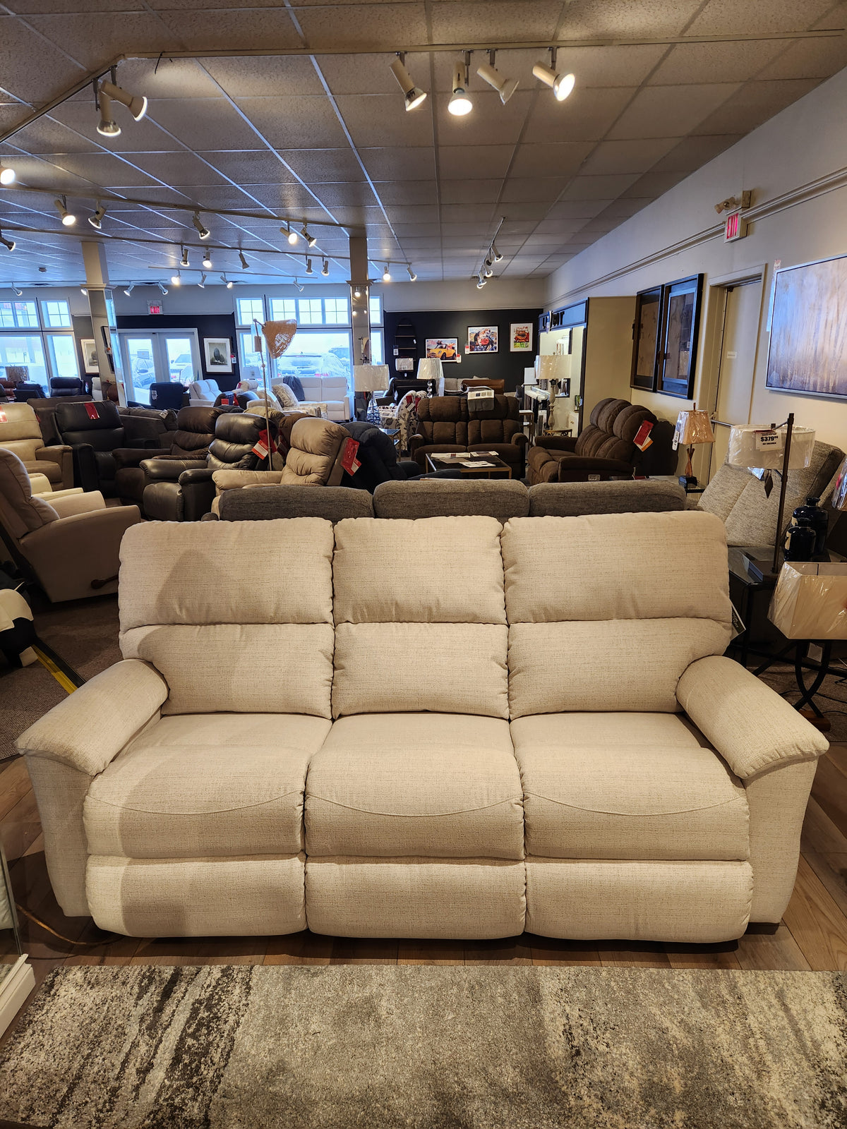 La-z-boy 727 Brooks Reclining Sofa delivers personalized reclining comfort in a bright showroom display.