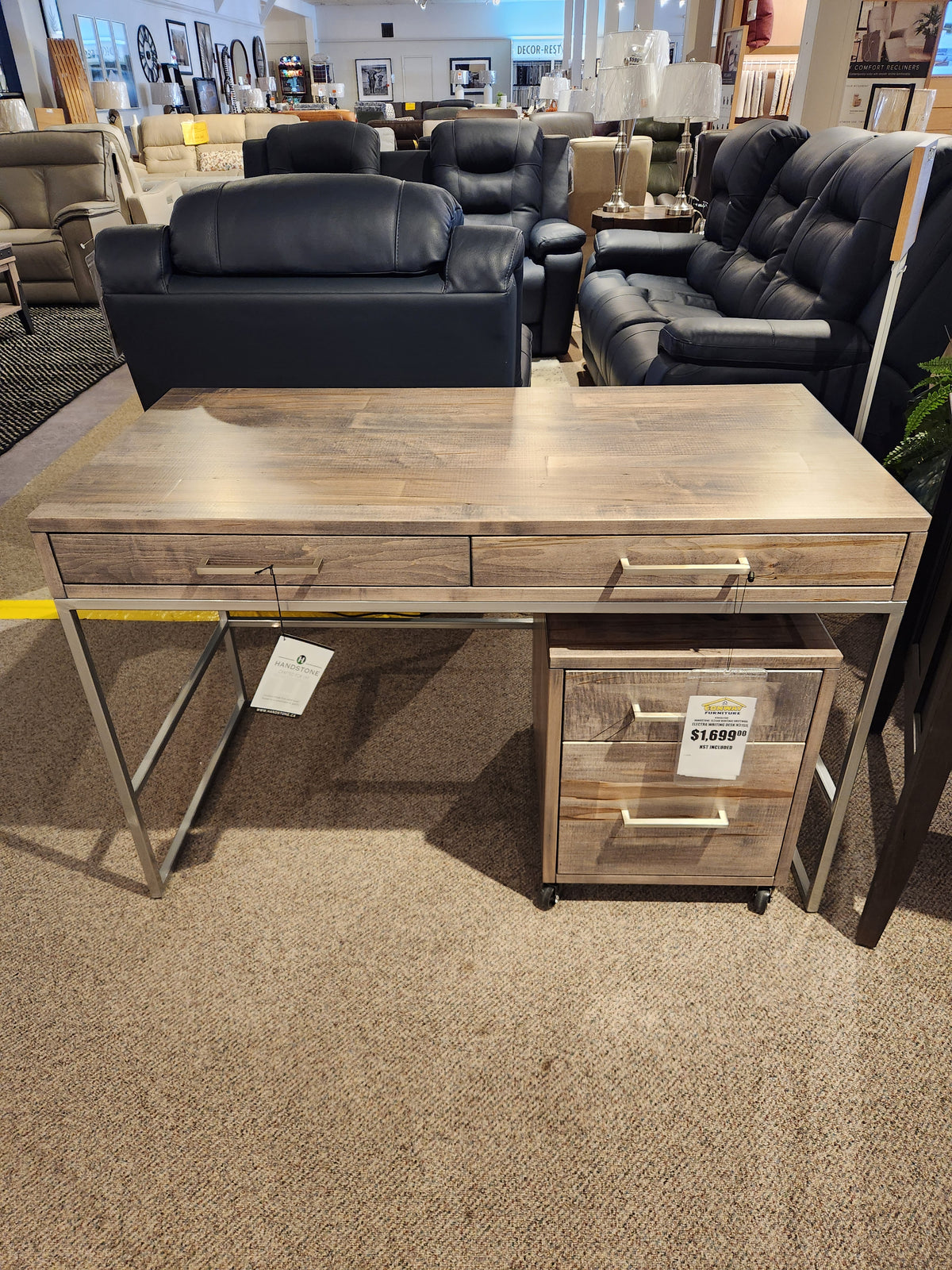The Handstone EL2448 Electra Writing Desk features metal legs, two drawers, and a filing cabinet for home workspaces.