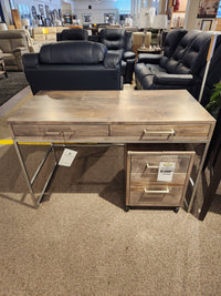 The Handstone EL2448 Electra Writing Desk features metal legs, two drawers, and a filing cabinet for home workspaces.