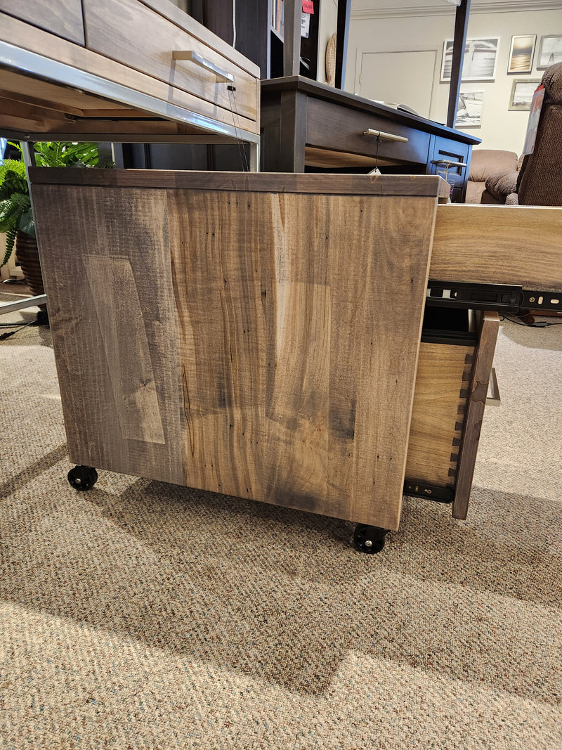 The Handstone EL2D Electra Rolling File Cabinet is partially pulled out from under a matching desk on a carpeted floor.