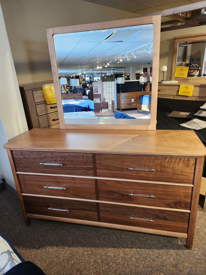 Vaughan Bassett 853-Two Tone 6-Drawer Dresser with Mirror on display in the furniture showroom.
