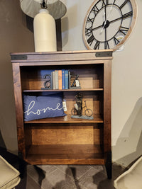 Handstone CH75 Chattanooga 54" Bookcase in maple mocha with books, decor, lamp, clock & "home" pillow on shelves.