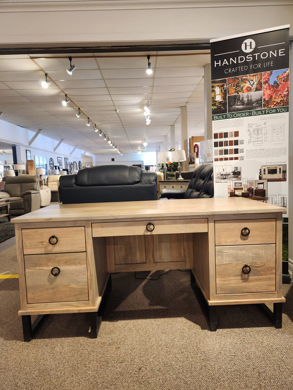 The Handstone CU2864-Cumberland Executive Desk with ample file storage is showcased beside a Handstone banner.