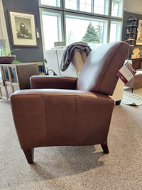 La-Z-Boy 431 Scarlett High-Leg Recliner in brown leather, featuring an angled backrest, shown in a showroom.