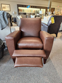 La-z-boy 431 Scarlett High-Leg Recliner in brown leather with extended footrest displayed in showroom.