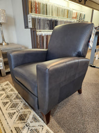 La-Z-Boy 431 Scarlett High-Leg Recliner in dark gray leather with wooden legs, shown with fabric samples.