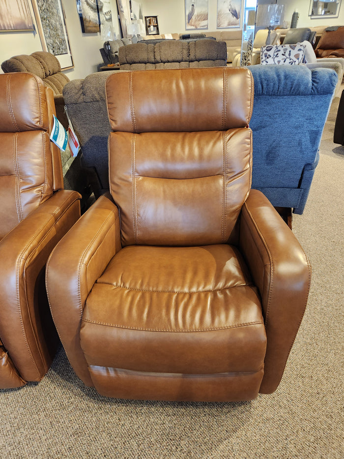 La-Z-Boy 807 Baron Rocker Recliner in brown leather with lumbar support displayed among other chairs in the showroom.