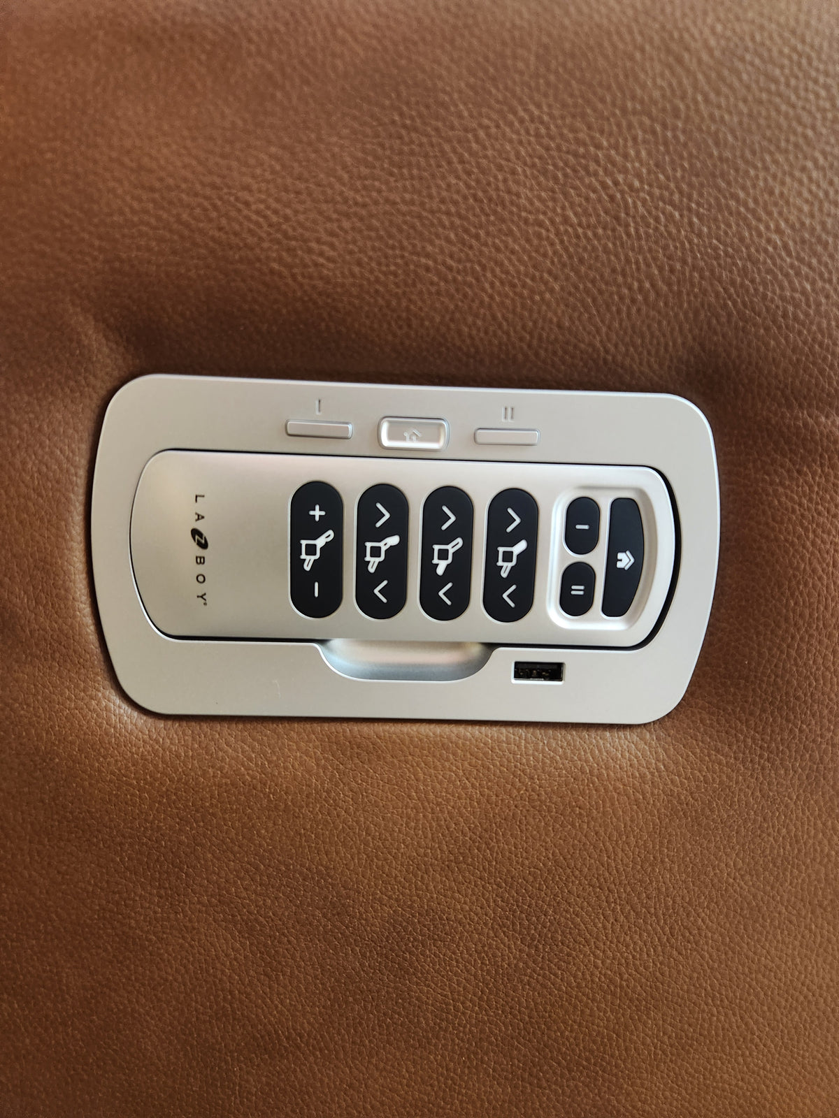 Close-up of electronic seat adjustment panel on La-Z-Boy 807 Baron Power Wall-a-Way Recliner with brown upholstery.
