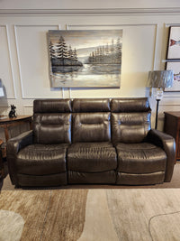 La-Z-Boy 807 Baron Reclining Sofa with lumbar support on display, landscape painting and side tables in background.
