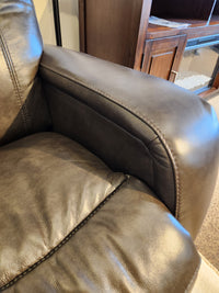 Close-up of La-Z-Boy 807 Baron Reclining Sofa in brown leather with visible stitching and lumbar support.