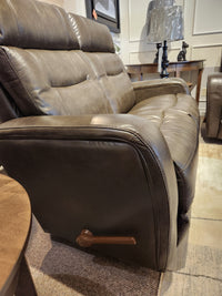 La-Z-Boy 807 Baron Reclining Loveseat with lumbar support and wooden lever in a living room setting.
