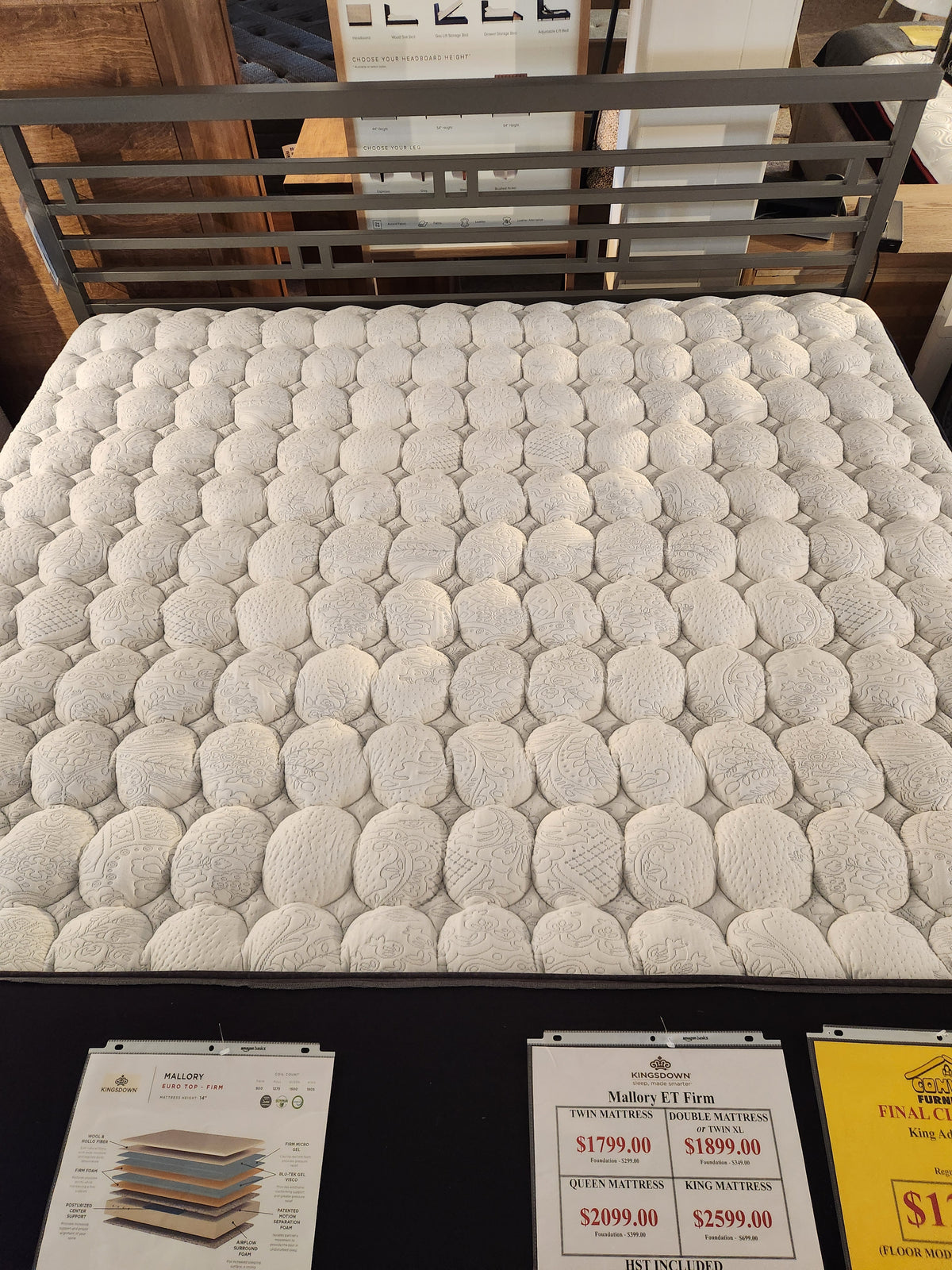 The KingsDown Mallory ET Firm Mattress with tri-zone pocket coils and a circular quilt is on display below.