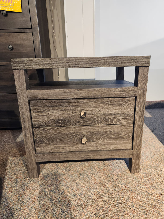 The Magnussen B6308 Merrifield Nightstand features two drawers with metal knobs, ideal for modern bedrooms.