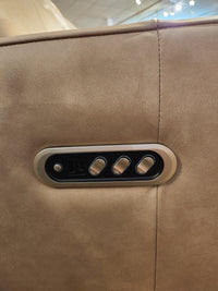 Close-up of Decor-rest M8520 Power Reclining Loveseat armrest with USB port, outlet & power lumbar controls.
