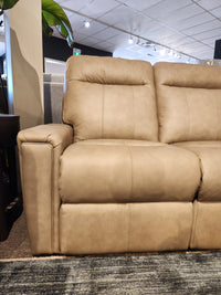 Decor-rest M8520 Power Reclining Loveseat in tan leather with plush cushions and adjustable power lumbar support.