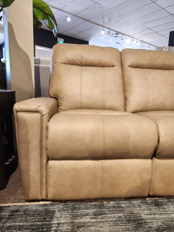 Decor-rest M8520 Power Reclining Loveseat in tan leather with plush cushions and adjustable power lumbar support.